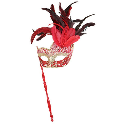 Black Girl Women Handheld Lace Half Face Mask Stick Feather Flower Masquerade Costume Party Wedding Birthday Halloween
