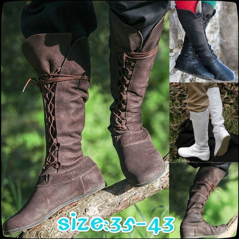Medieval Retro Women Princess Men Prince Knight Cosplay Leather Short Ankle Boots Gothic Carnival Party High Tube Bandage Shoes