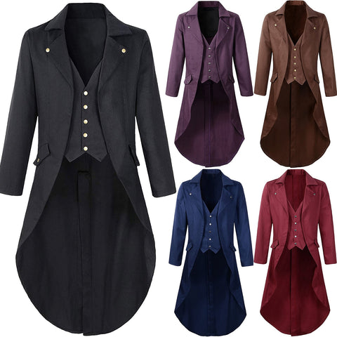 Men's Retro Tailcoat Suit Jacket Gothic Steampunk Long Jacket Victorian Frock Coat Cosplay Male Single Breasted Swallow Uniform