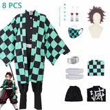 10 PCS Demon Slayer Kamado Tanjirou Cosplay Costume Kimetsu no Yaiba Katana Kimono Tanjirou Earrings Wig Cape Cloak Uniform Set