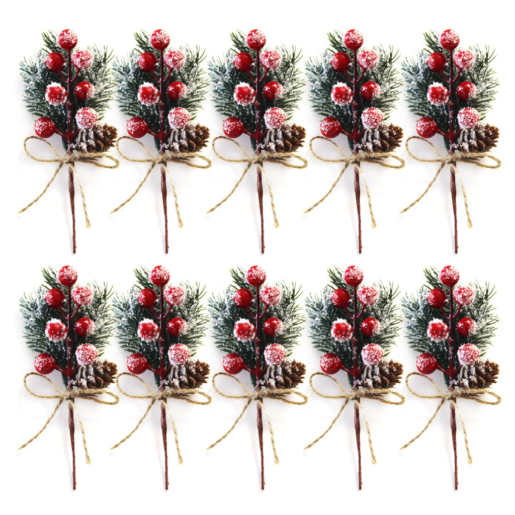 10pcs Christmas Pendant Articifial Red Berry Pine Needles Twig Christmas Tree Decoration Gift Packing Floral Picks Branches