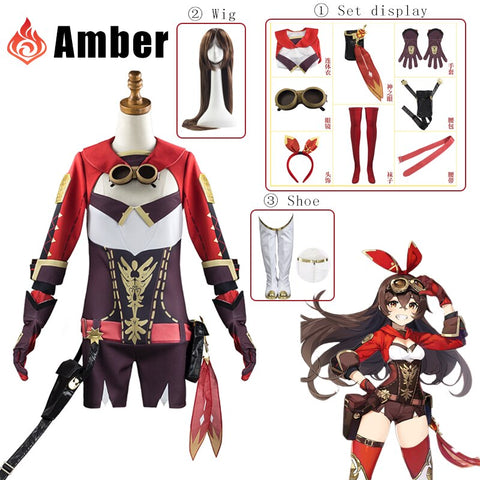 10pcs Game Genshin Impact Amber Cosplay Costume Women Kimono Dress Uniform Party RolePlay Halloween Carnival Suit