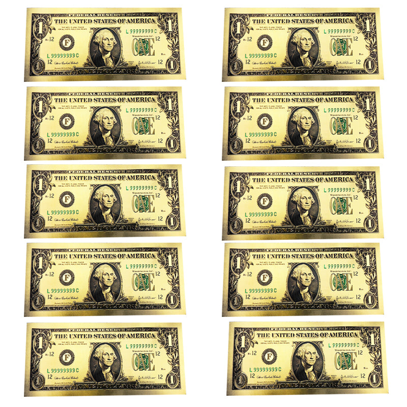 10pcs USA 1 Dollar Gold Foiled Platsic Banknote Bill Fake Money United States OF America Replica Coin Souvenirs Home Decor
