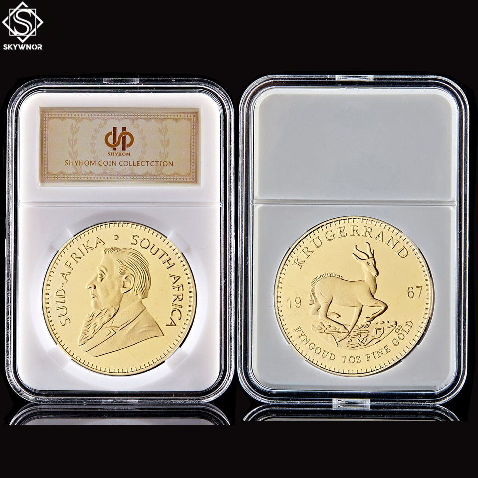 1967 Year South Africa 1OZ Fine Gold Plated Krugerrand Replica Token Coin W/ Display Acrylic Capsule