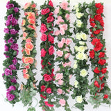 2.2m Silk Artificial Roses Flowers Rattan String Vine with Green Leaves For Home Wedding Garden Decoration Hanging Garland Wall