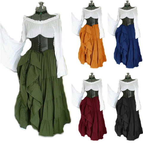 2022 Halloween Women Medieval Cosplay Costumes Gothic Retro Victoria Middle Ages Carnival Long Sleeve Pleated Corset Dress