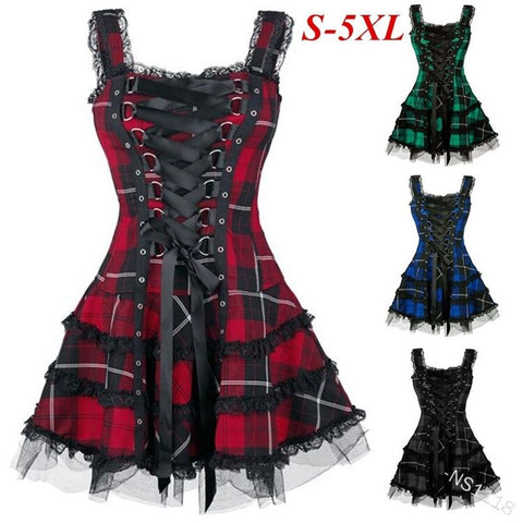 2022 Plus Size 5XL Women Dress Vintage Gothic Lace up Summer Dress Dark Lolita Costume Steampunk Mini Medieval Cosplay Dress