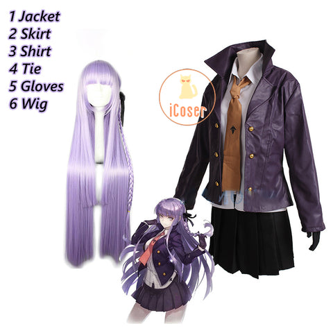 6 PCS Kyoko Kirigiri Cosplay Costume Danganronpa Women Jacket Suit Dangan Ronpa Black Dress Skirt Set Long Purple Wig Gloves