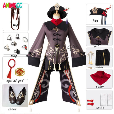 Adult Kid Game Genshin Impact Hu Tao Cosplay Costume Wig Shoes Rings Hat Anime HuTao Outfit Halloween Costume for Women Girl Men