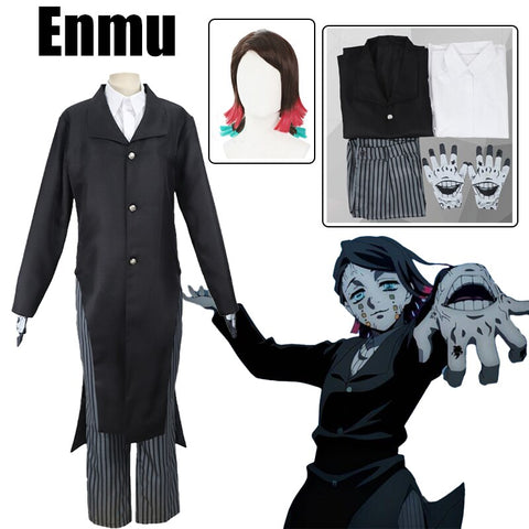 Anime Demon Slayer Enmu Dream Cosplay Costume Kimetsu no Yaiba Wig Black Uniform Coat Shirt Pants Gloves Halloween Party