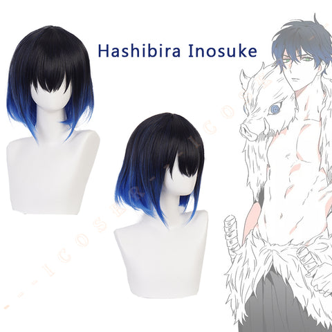 Anime Demon Slayer Kimetsu No Yaiba Hashibira Inosuke Cosplay Wig Black Blue Short Hair Heat Resistant Fiber Hair Festival Party