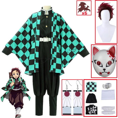 Anime Demon Slayer Kimetsu No Yaiba Tanjirou Kamado Cosplay Costume Kimono Cloak Halloween Party Anime Clothes Uniform Set