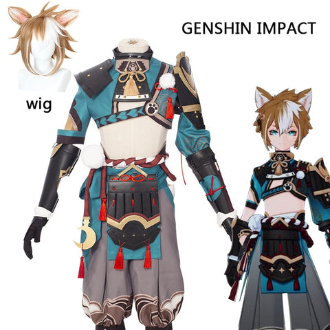 Anime Game Genshin Impact Gorou Cosplay Costume Fox Tail Ears Anime Wig Cosplay Carnival Party Costume for Men Boy Women