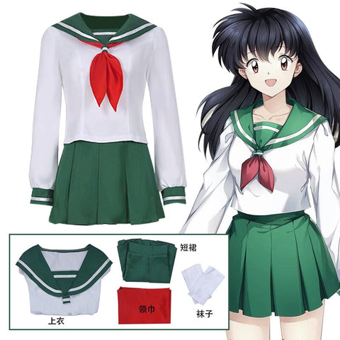 Anime InuYasha Cosplay Kagome Higurashi Women Girls Green Uniform Shirt Skirt Suit Halloween Carnival Cosplay Costume Adult