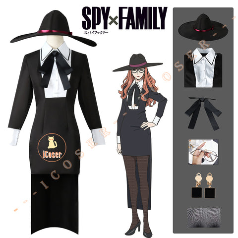 Anime Spy X Family Sherwood Sylvia Cosplay Costume Back Dress Glasses Hat Earrings Loid Forger Handler Twilight Women Outfit Set