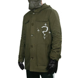 Army Green Riddler Jacket Cosplay Costume with Mask Headgear Gloves Edward Villain Question Mark Coat Halloween Cosplay Outfits