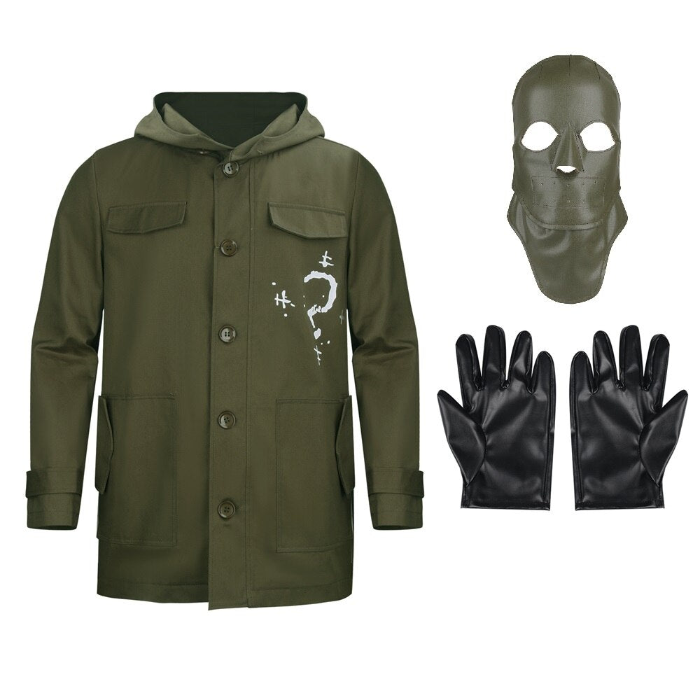 Army Green Riddler Jacket Cosplay Costume with Mask Headgear Gloves Edward Villain Question Mark Coat Halloween Cosplay Outfits