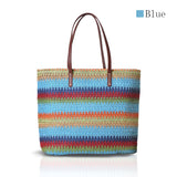 Brand Rainbow Striped Straw Woven Lady Tote Handbag Shoulder Bag Summer Fashion Women's Panelled Weave Travel Beach Bag