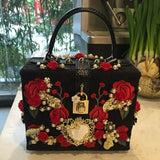 Baroque Siciliy Rose Hand-embroidered Genuine Leather Women Handbags Brocade Jacquard Pearl Luxury Wedding Evening Shoulder Bags