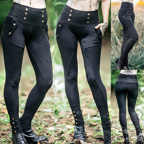 Black Gothic Slim Women pants Medieval Elastic Summer Gothich steampunk Metal Trousers Pencil pants cosplay costume pants