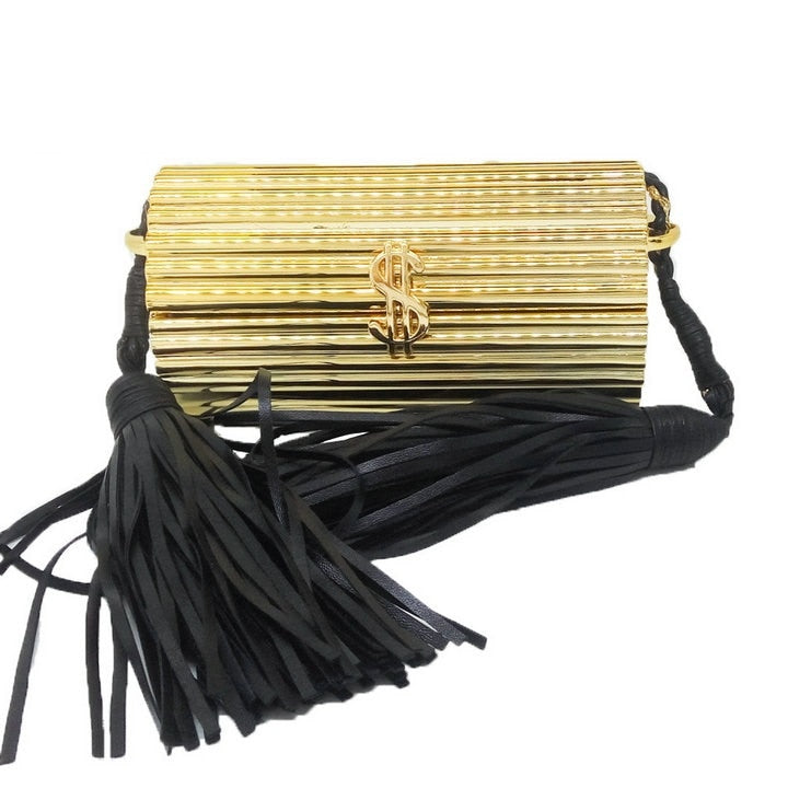 Black Tassel Dollar Hasp Hard Case Mini Women Gold Acrylic Evening Clutch Bag Party Prom Handbag Purse Crossbody Messenger Bag
