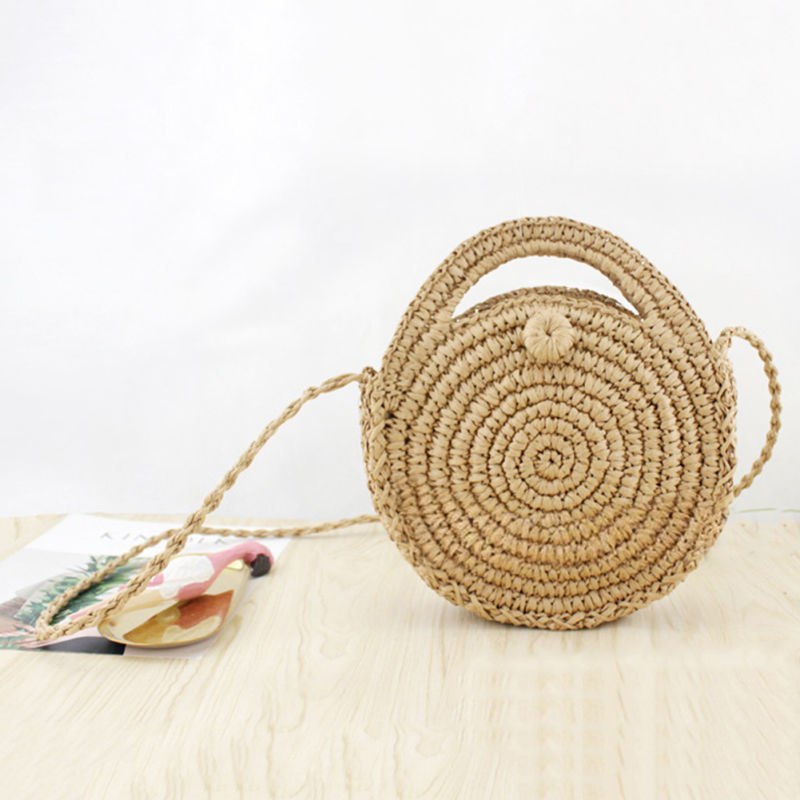 Bohemian Handmade Rattan Woven Round Handbag Straw Bag Knitted Messenger Bags For Women Straw Beach Bag