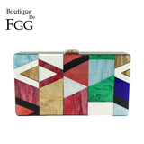 Geometric Patchwork Multi Color Acrylic Evening Clutch Box Bag Hard Case Women Chain Shoulder Handbag Purse