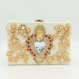 Hear Shape Flower Crystal & Beaded White PU Women Fashion Handbag Purse Chain Shoulder Bag Crossbody Box Clutch