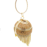 Round Circular Gold Diamond Tassel Bridal Handbag Wedding Wristlets Purse Women Evening Party Crystal Clutch Bag