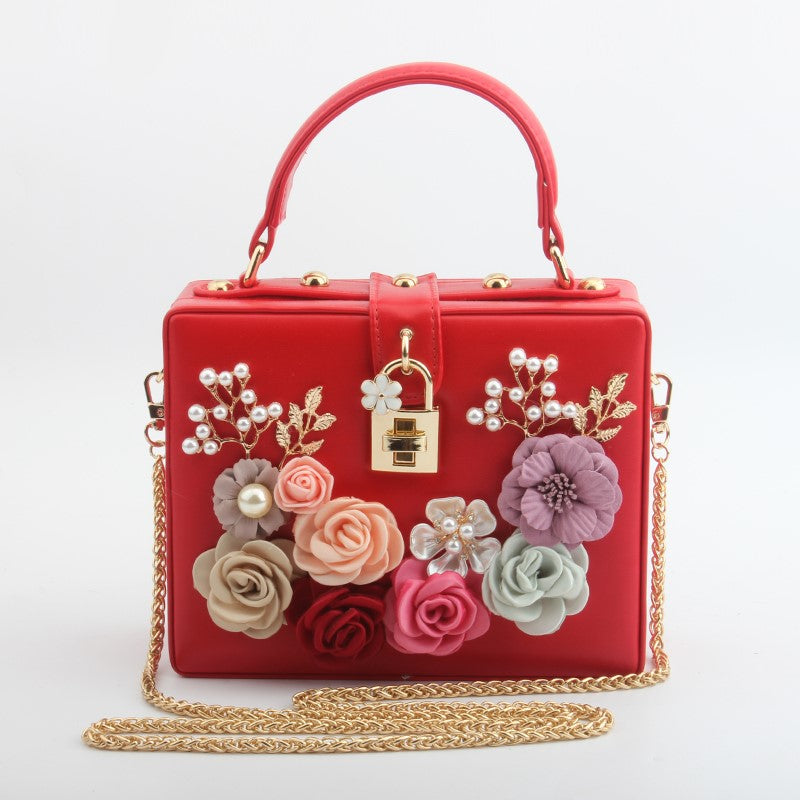 Brand 2018 Women Square Handbag Fashion Beaded Flower PU Leather Shoulder Bags Pink White Red Black Blue Chain Bags
