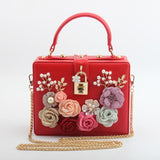 Brand 2018 Women Square Handbag Fashion Beaded Flower PU Leather Shoulder Bags Pink White Red Black Blue Chain Bags
