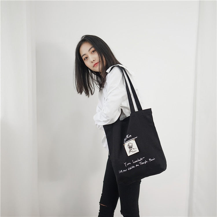 Canvas Tote Shoulder Bag Cotton Shopping Bags for Women Black Champagne Double Strap Casual Handbag Girls' Scho Books Bag