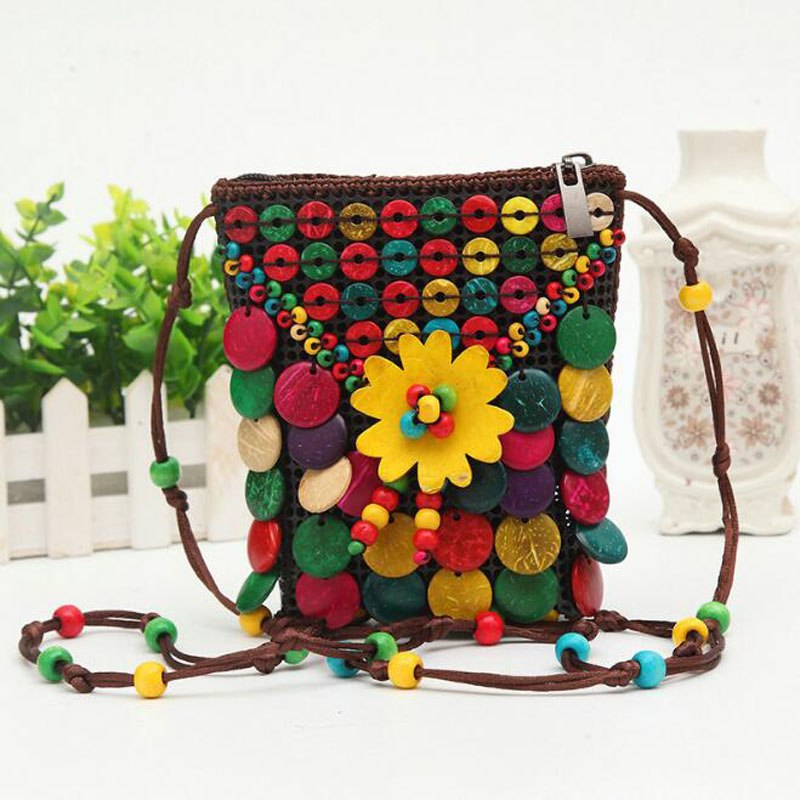 Chinese national style appliques coconu shell beading women shoulder bags retro manual beaded messenger crossbody bag