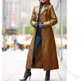 Coat Woman Long Leather Jacket Plus Size Autumn Casual Loose Button Solid Long Trench Coats Steampunk Gothic Lapel Biker Jacket