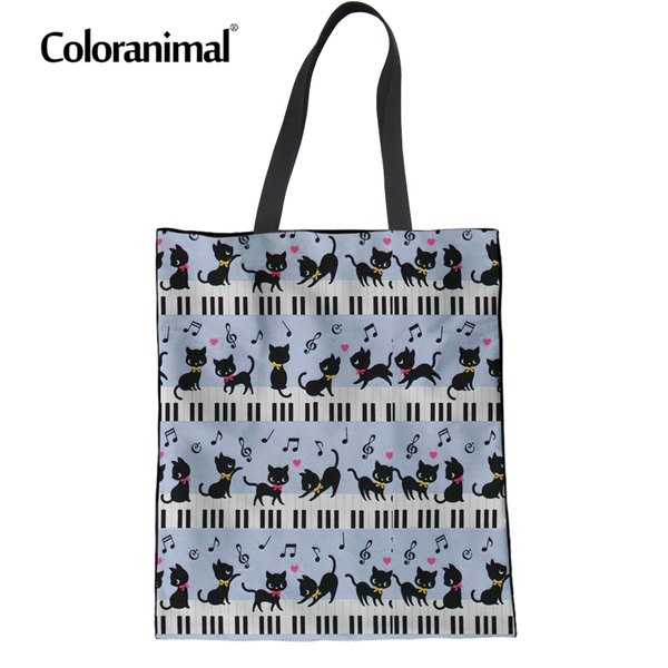 Cute Puppy Cats Piano With Music Notes Prin Women's Eco-friendly Handbag Shopper Cotton Bag Canvas Hand Tote Bag