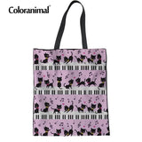 Cute Puppy Cats Piano With Music Notes Prin Women's Eco-friendly Handbag Shopper Cotton Bag Canvas Hand Tote Bag