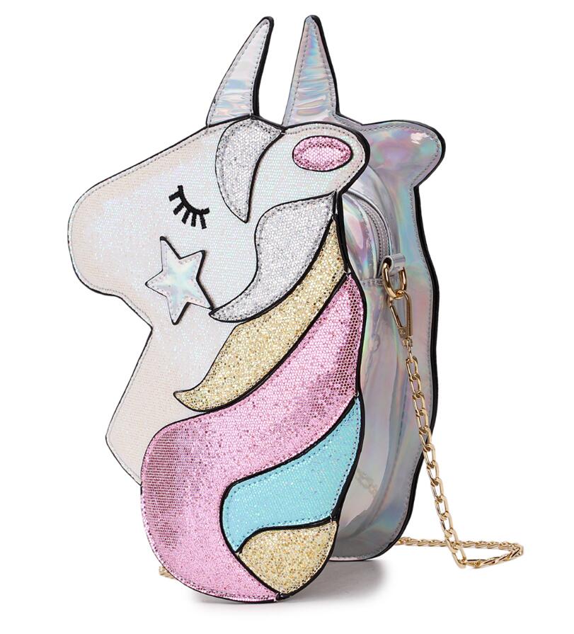 Cute Fantasy Fashion Unicorn Design Pu Leather Laser Girl's Chain Purse Handbag Shoulder Bag Crossbody Mini Messenger Bag Flap