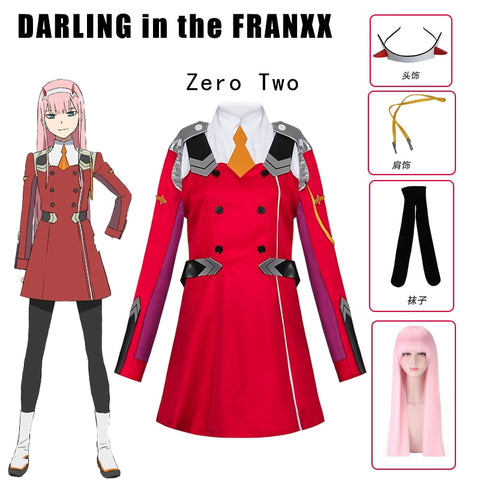 DARLINGin theFRANXX 02cos cosplay ZERO TWO Costumes anime Dress Uniform Suits Headwear Wig Women Costume Dress