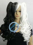 Danganronpa Monokuma Women Long Ponytails Curly Wig Cosplay Costume White Black Mixed Heat Resistant Hair Cosplay Wig + Wig Cap