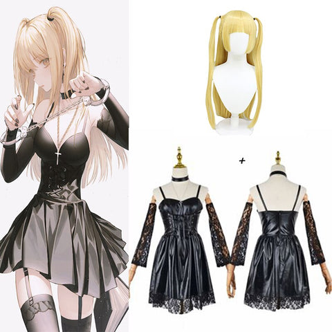 Death Note Cosplay Costume Wig Misa Amane Imitation Leather Sexy Dress +gloves+stockings+necklace Uniform Outfit Cosplay Costume