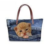 Cats 3D Luxury Handbags Women Bags Designer 3D Denim Jeans Ca Bulldog Printing Shoulder Bags Tote Beach Bags Baobao