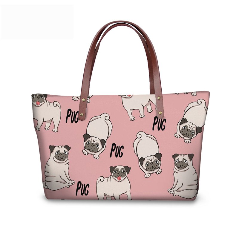 Cute Pugs Girls Big Handbag Summer Travel Pink Shoulder Totes High Quality Pe Dog Printing Top-handle Bags For Teen