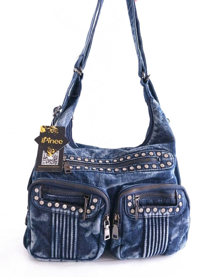 Famous brand woman handbag two pockets shoulder bag female rhinestone denim handbag designer women casual tote bags