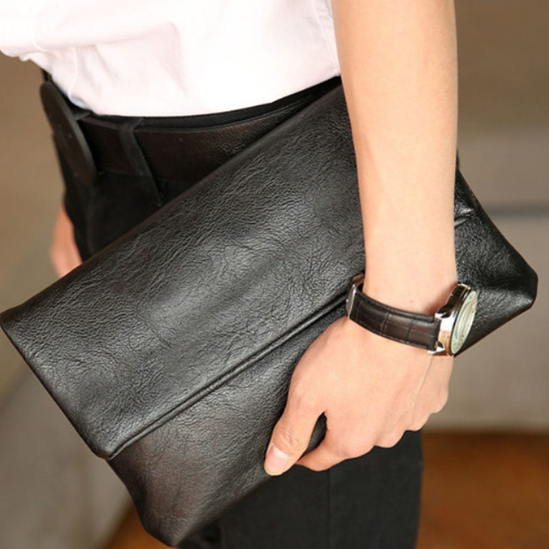 Fashion Brand Unisex Clutches Bag Business Solid Black PU Leather Envelope Clutch Purse Men Female Handbag Party Bag Design