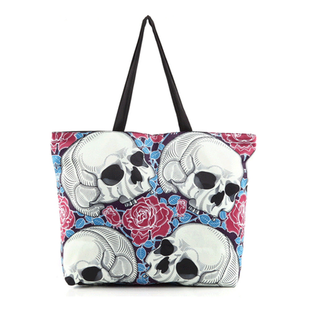 Fashion Personality Red Rose Flower 3D Printing Skull Canvas Bag Zipper Tote Cotton Bag Women Shoulder Handbag Shopper Bag