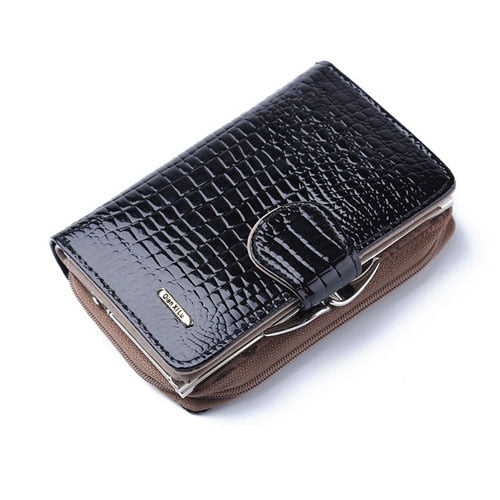 Fashion Real Paten Leather Women Shor Wallets Small Walle Coin Pocke Credi Card Walle Female Purses Money Clip Gold color