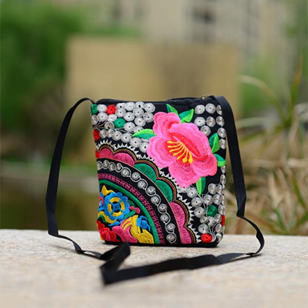 Fashion Women Ethnic Peony Min Shoulder Bag Embroidery Crossbody Handbag Tote Random color FA$1