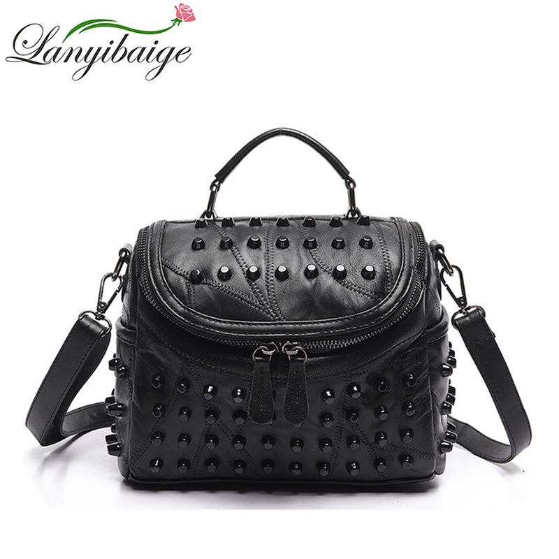Fashion Women Messenger Bags Black Rive Genuine Leather Shoulder Bag Sac a Main Crossbody Bags For Women Designer Handbags