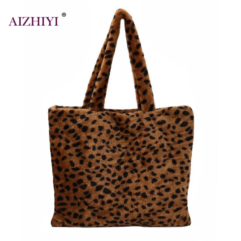 Fashion Women Plush Leopard Prin Shoulder Bag Portable Famous Design Female Tote Gilrs Handbag Fashion Top-handle Bags