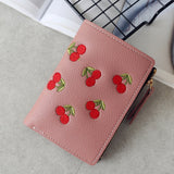 Fashion Women Shor Walle Small PU Leather Cherry Embroidery Coin Purse Card Holders Lady Girl Mini Money Bag
